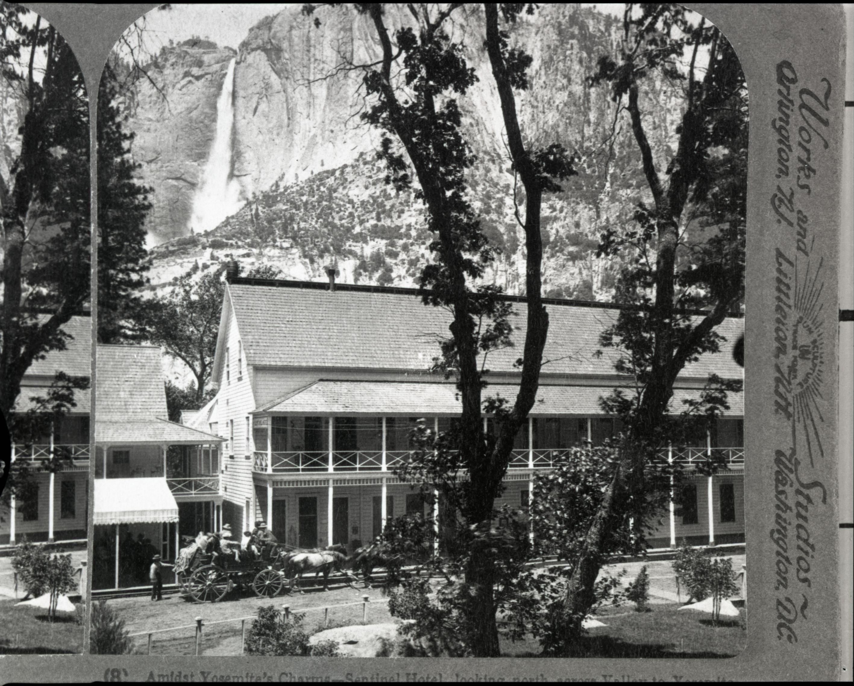 Amidst Yosemite's charms - Sentinel Hotel, looking north across Valley to Yosemite Falls, California. copied by Michael Dixon