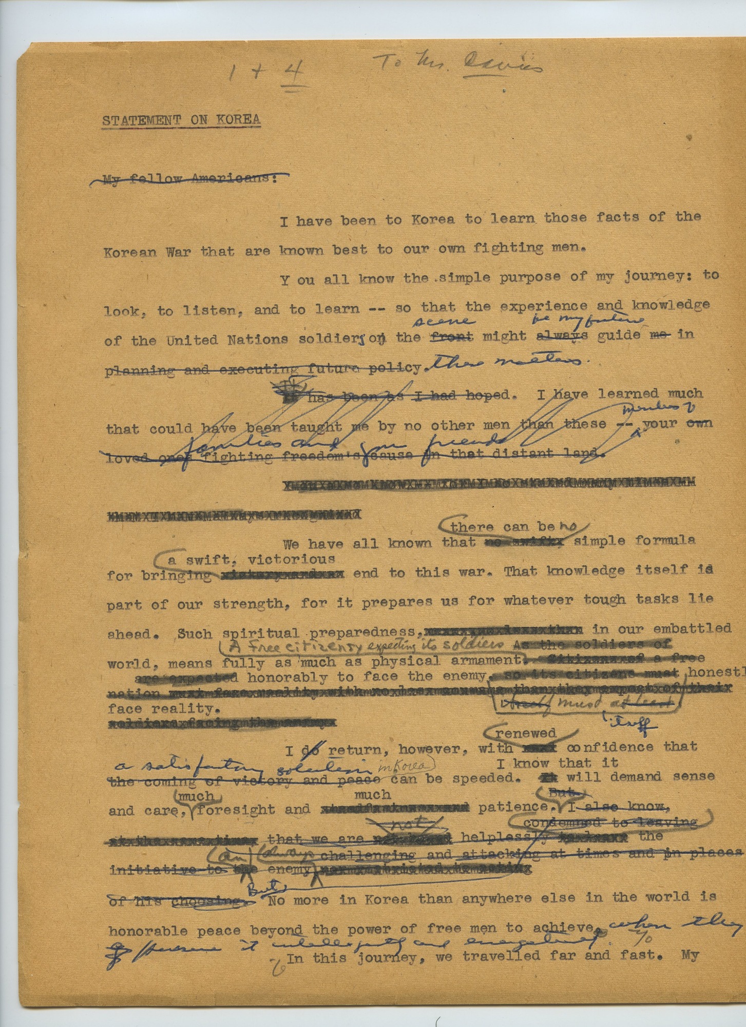 A yellow faded paper with typed words and pencil marks showing edits