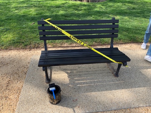A park bench is shown with a fresh coat of paint and a yellow wet paint sign tied across it. 