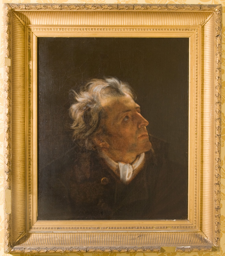 Oil painting portrait of man with grey hair looking upward to his left