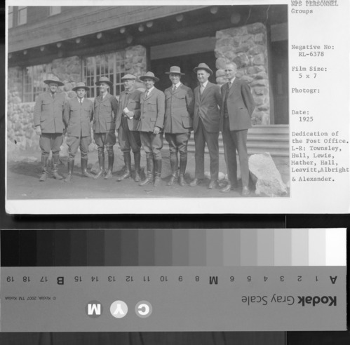 Dedication of the Post Office. L-R: Townsley, Hull, Lewis, Mather, Hall, Leavitt, Albright & Alexander.