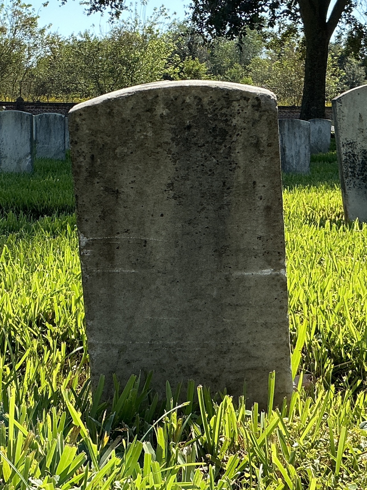 Back of historic upright marble headstone with recessed shield face.
