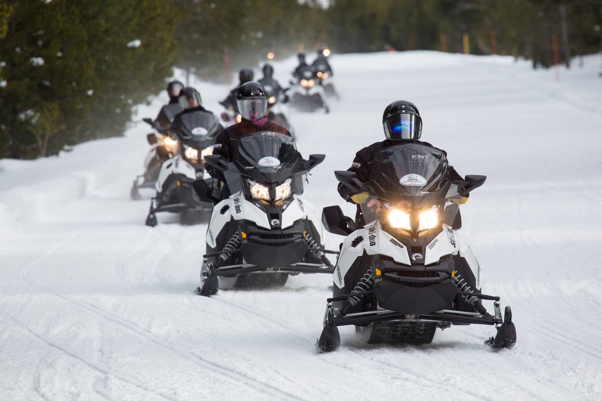 A line of snowmobilers coming this way on the snow packed road