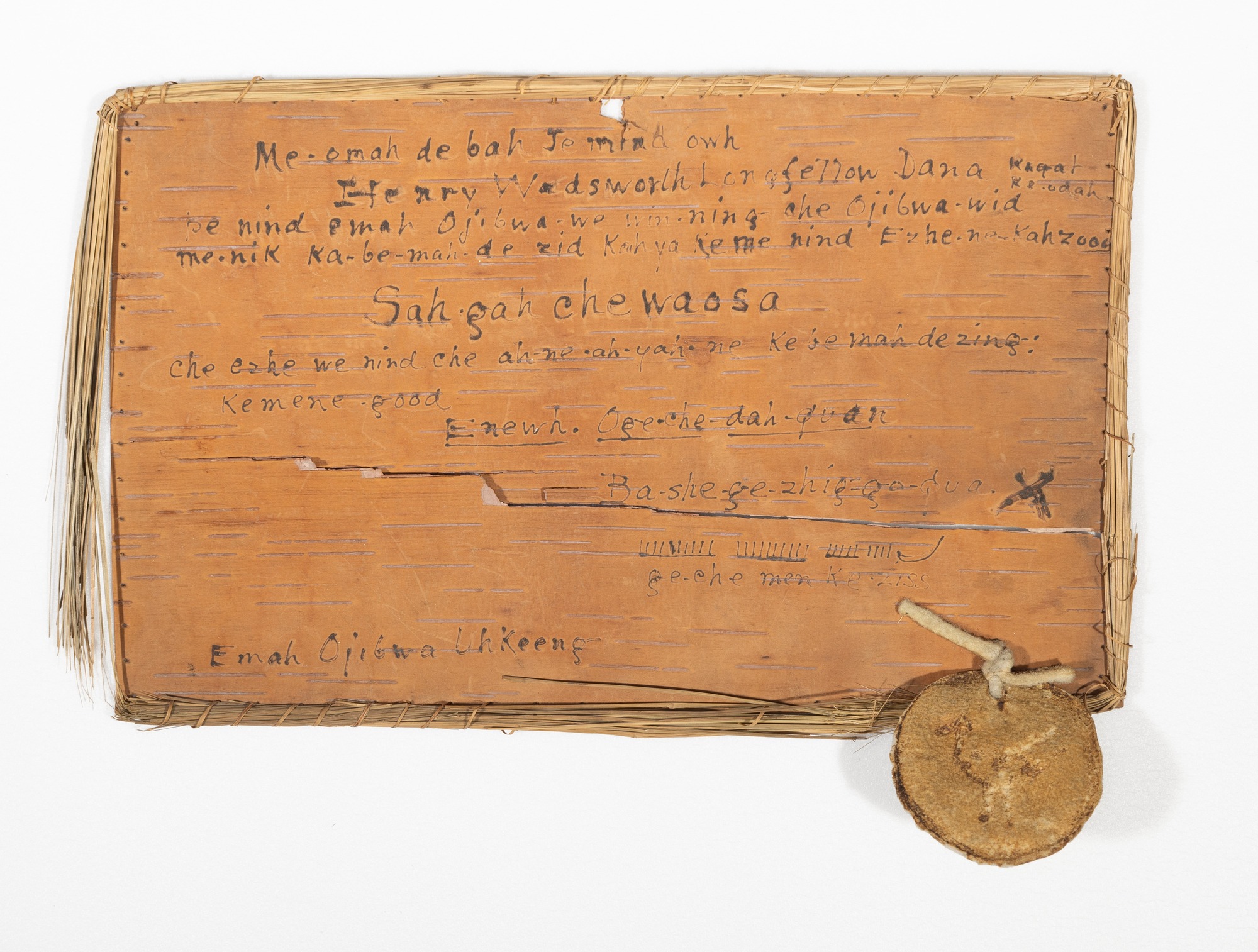 Birchbark certificate with adoptive name for Henry Wadsworth Longfellow Dana in Anishinaabemowin.