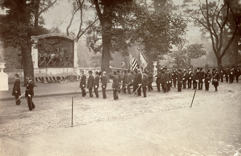 54th Regiment marching in rows by the Shaw 54th Regiment Memorial.