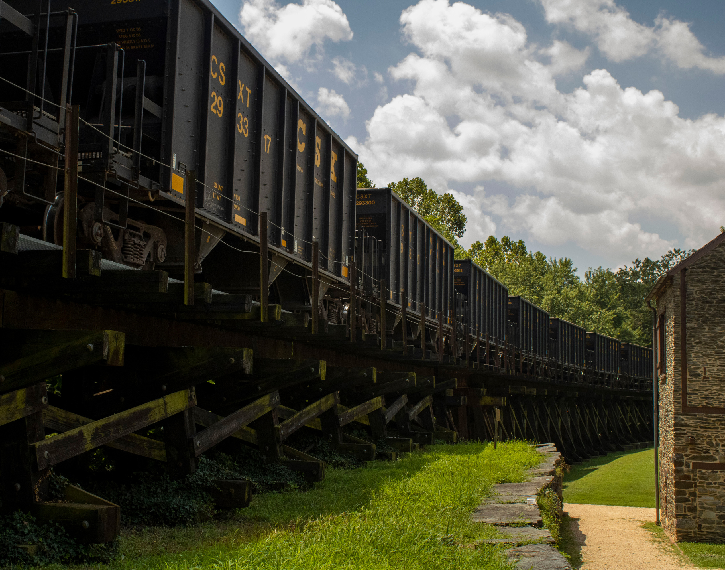 A train passes over the Trestle in the center of the historic lower town of Harpers Ferry. 