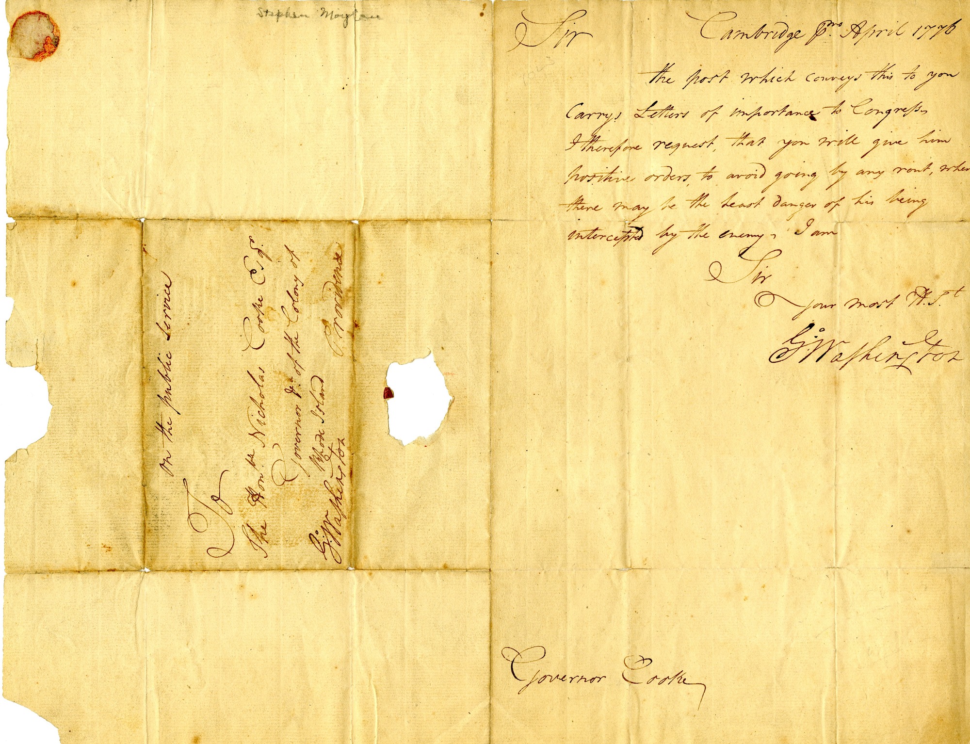 Manuscript letter on one leaf with signature of G. Washington.