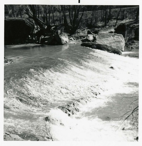 BW photo of the construction/modification of the Canyon Junction Spillway on the Virgin River.