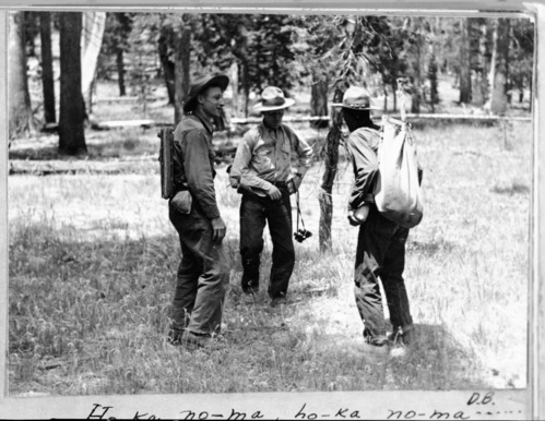 Copy Neg: Michael Dixon, 1985. "Ho-ka ho-ma, ho-ka no-ma" (caption). Original photo in the 1939 Yosemite Field School Yearbook.
