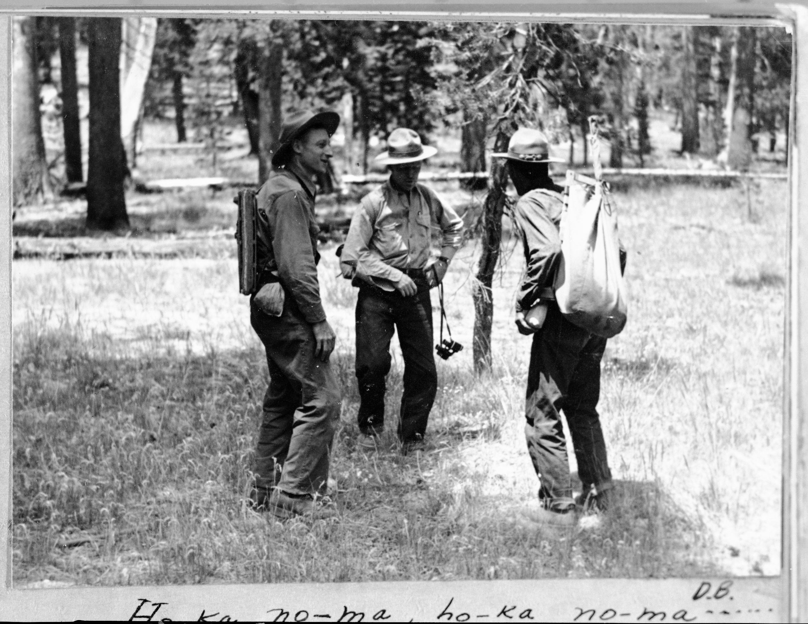 Copy Neg: Michael Dixon, 1985. "Ho-ka ho-ma, ho-ka no-ma" (caption). Original photo in the 1939 Yosemite Field School Yearbook.