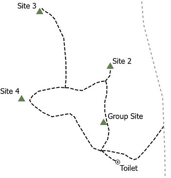 A simplified map showing site locations and connecting trails. From the main trail a short trail leads to the toilet. A loop trail, moving clockwise has site 4 on the left, site 3 on the top via a spur trail, site 2 on the top right and the group site on bottom right. 