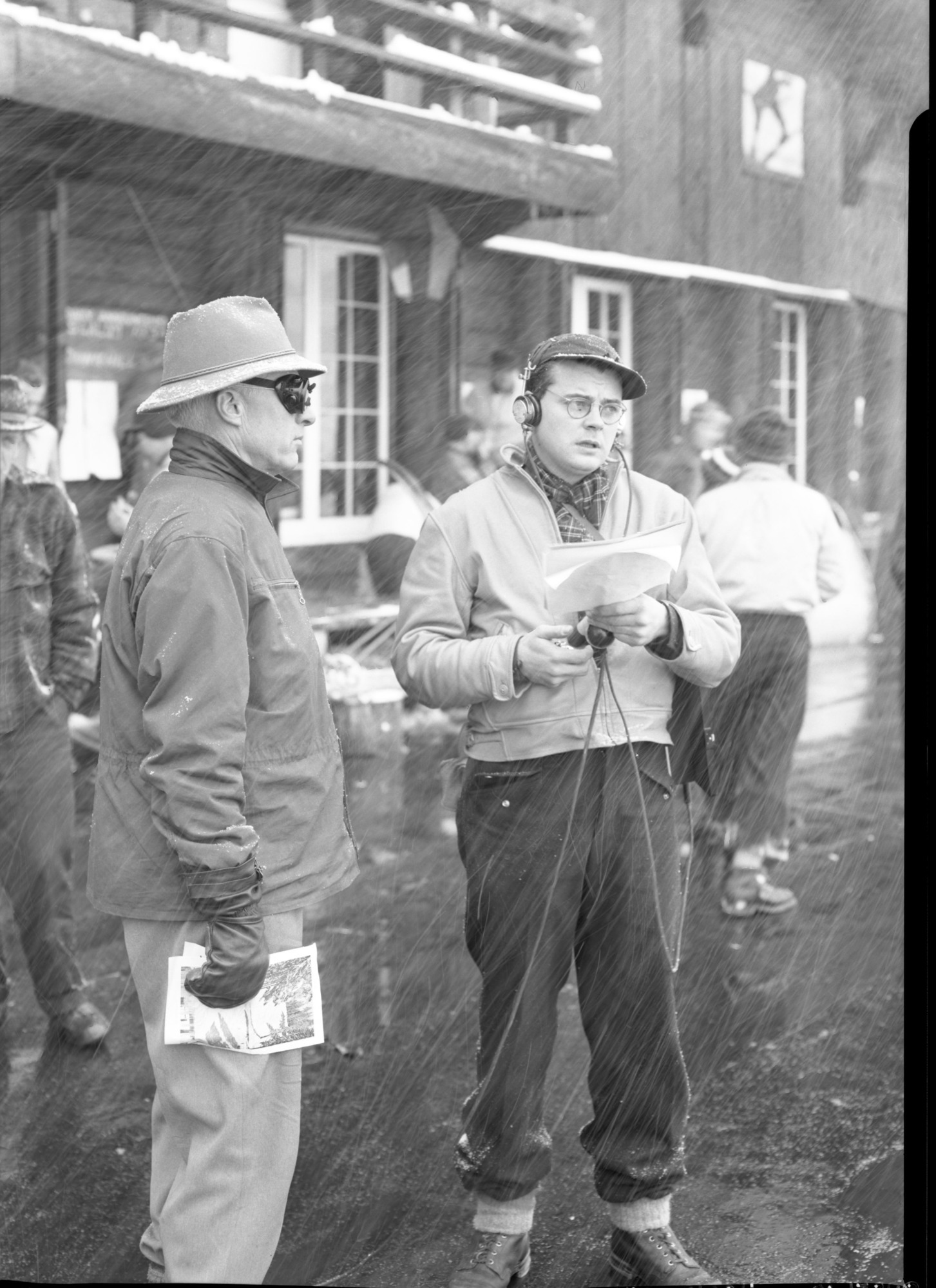Dr. Joel Hildebrand being interviewed by Bob Dumm for radio transcription after a ski meet
