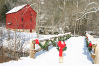 Alley decorated for a Christmas program in the snow.