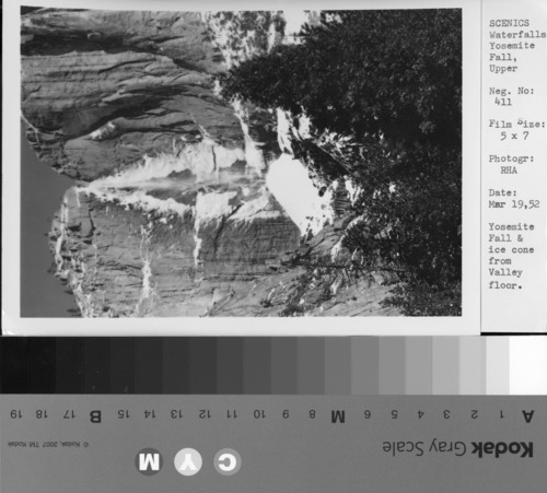 Yosemite Fall & ice cone from Valley floor.