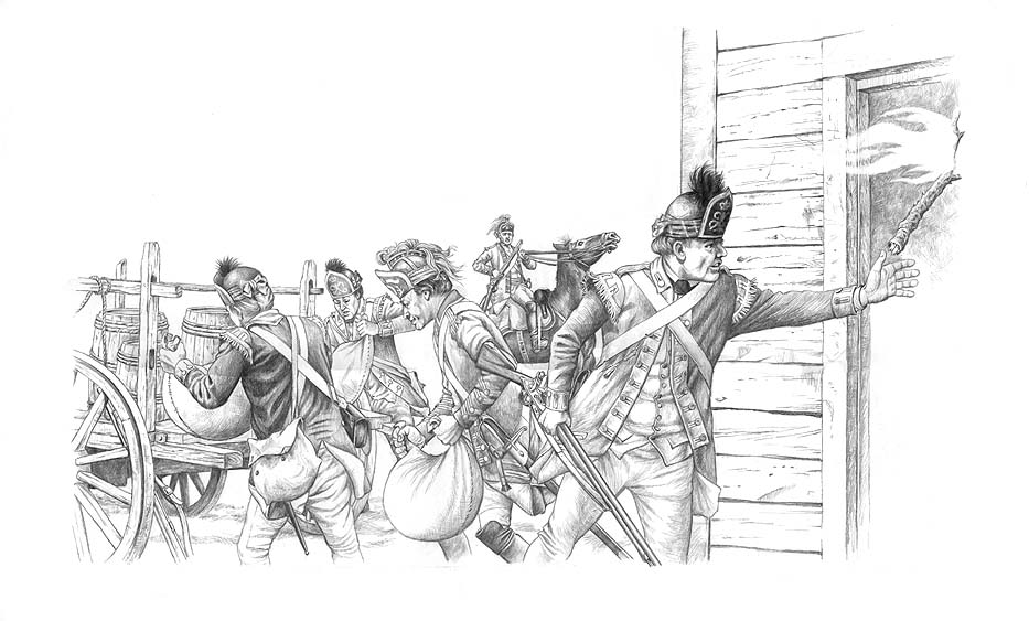 A British raiding party setting fire to the mills, forge and several homes and outbuildings at Valley Forge in September 1777.