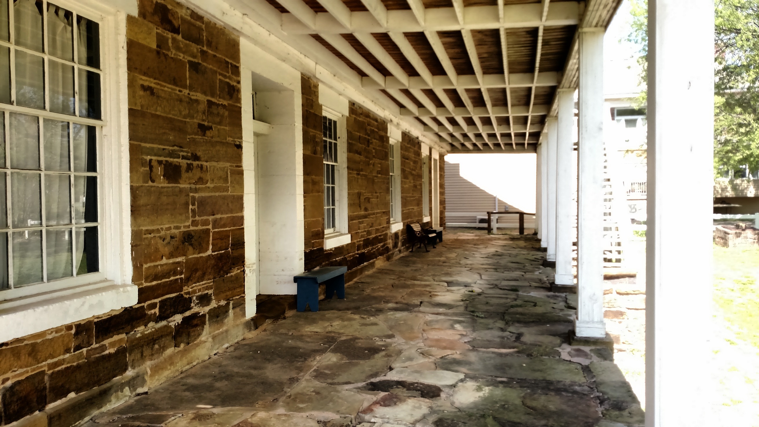The front porch of the Fort Gibson Historic Site Barracks in Fort Gibson, Oklahoma
