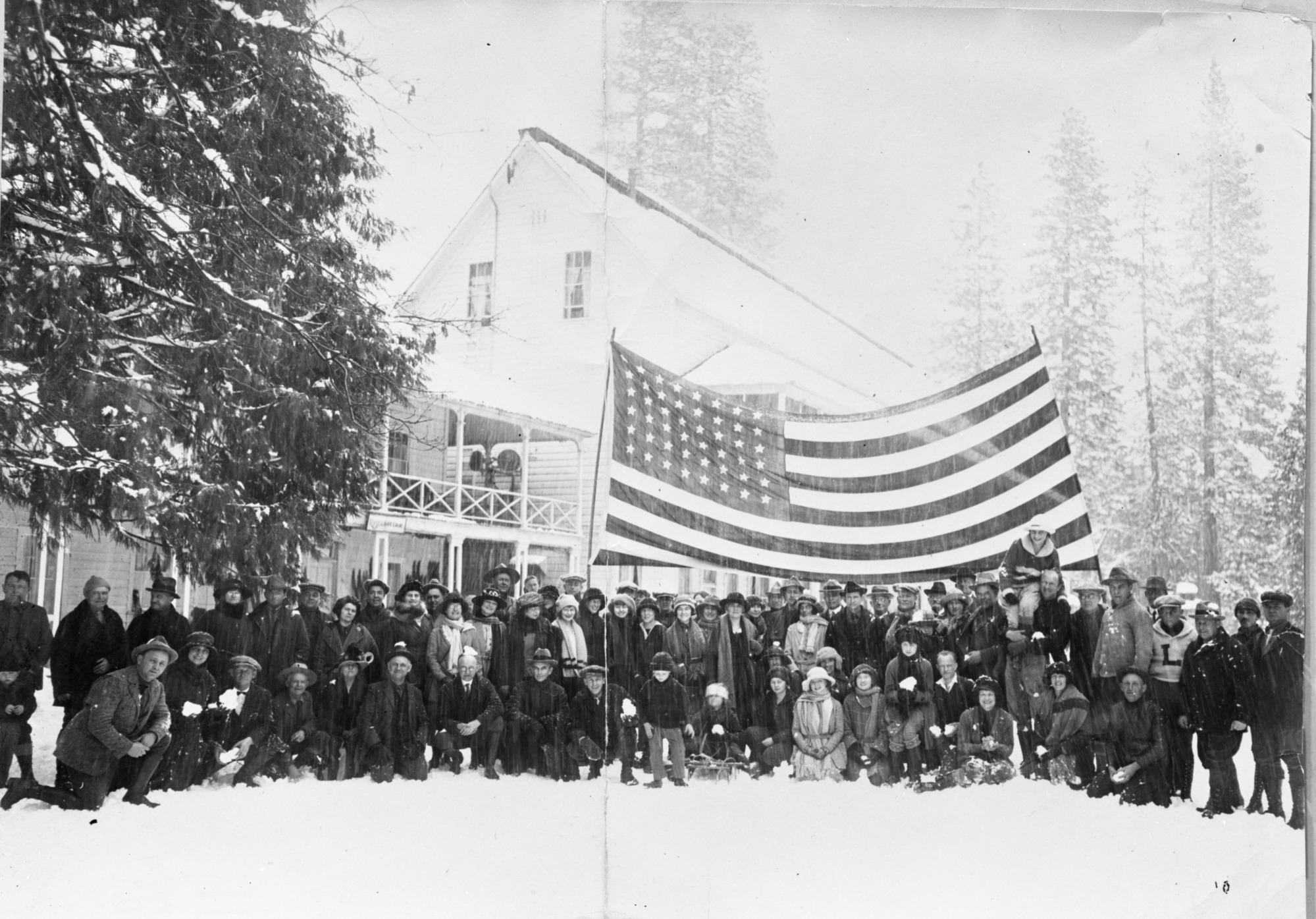 (Nina McCord, shoulder of Dick Schaffer, Merced) Group in front of Sentinel Hotel about 1920. copied by Ralph H. Anderson, copied in 1952