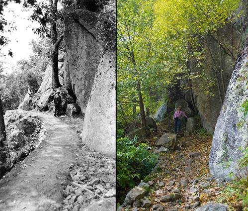A side by side comparison of a black and white historical photograph and a modern color photograph. Each photograph shows a trail on a ledge.
