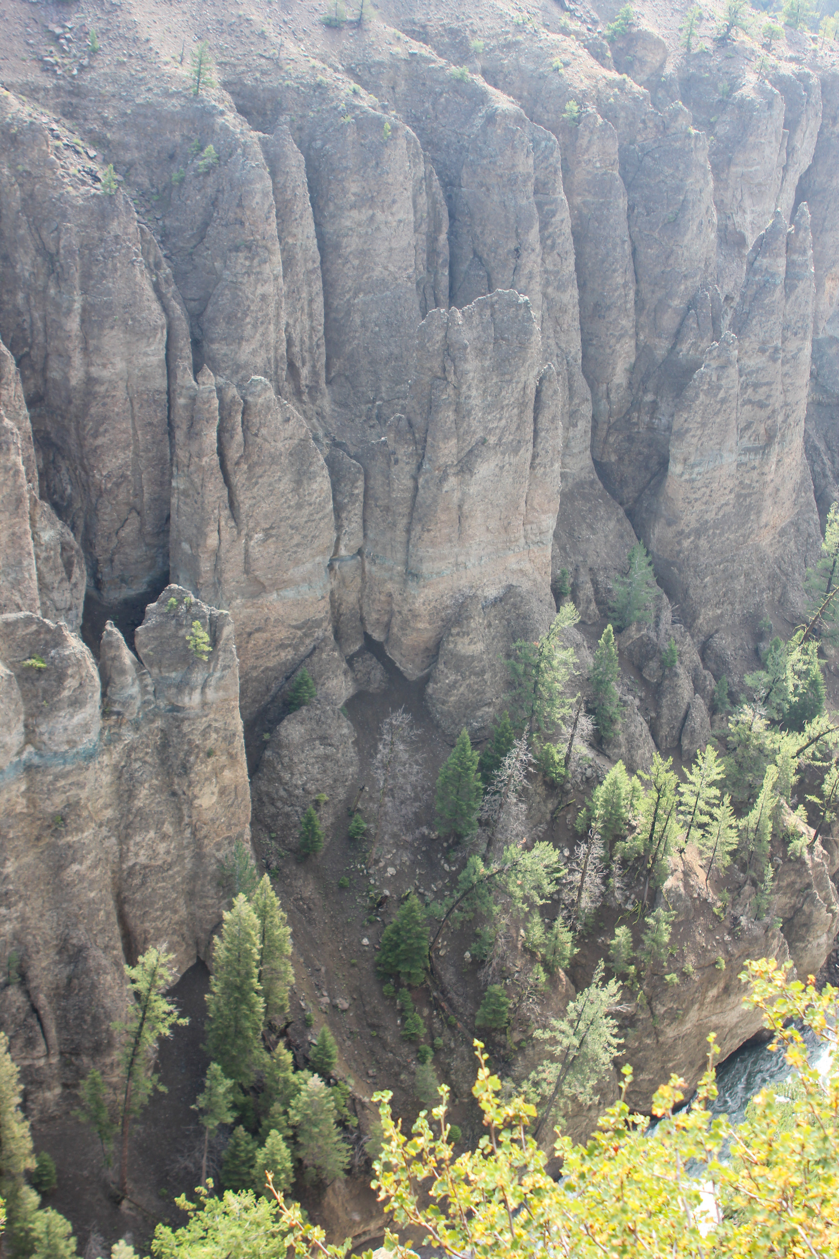Eroded pinnacles of rock stand next to a river