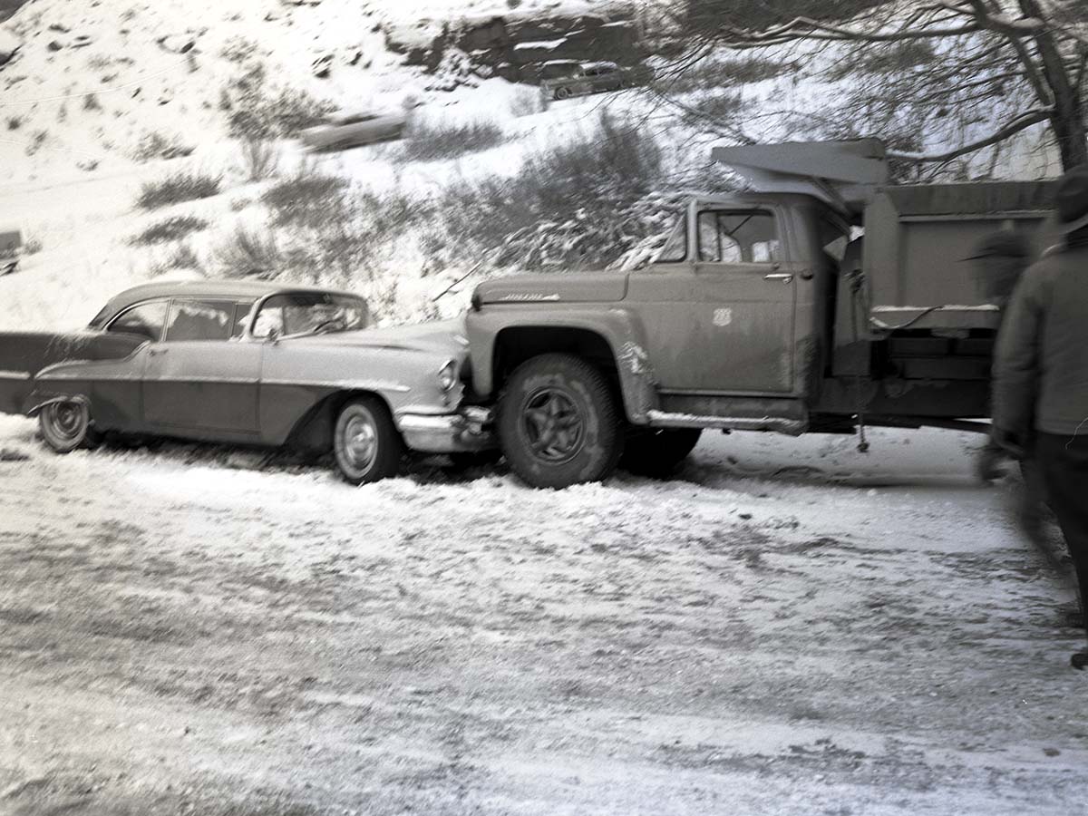 Auto accident: Nevada switchback (Zion-Mt. Carmel Highway), snow and ice, car driven by Jerrold Bringhurst collided with NPS truck.