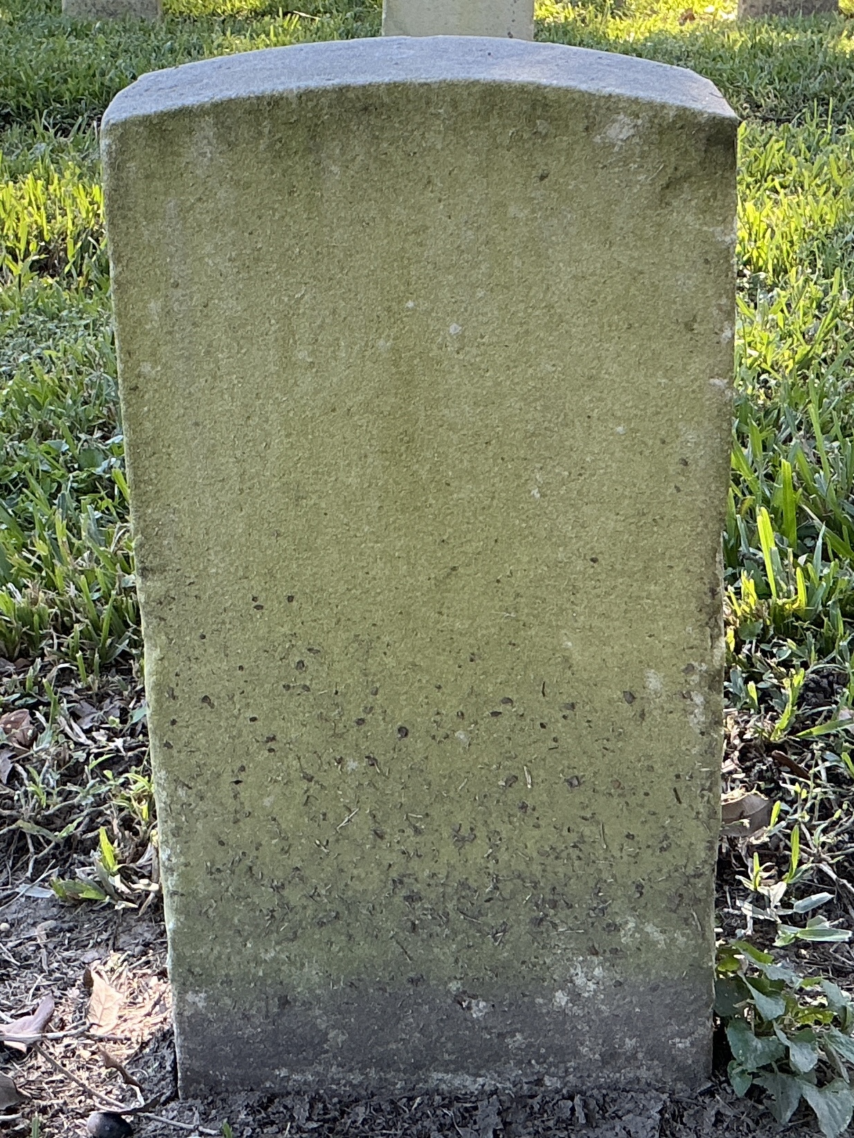Back of historic upright marble headstone with recessed shield face.