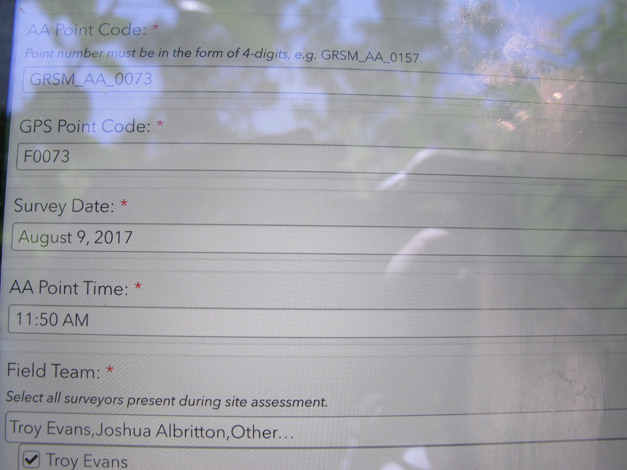 GRSM Accuracy Assessment. Plot Code: GRSM_AA_0073_1