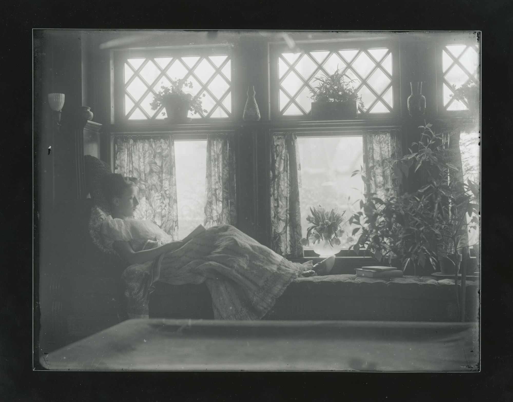 A young white woman reclines on a window seat reading a book. Plants at right. Windows in background.