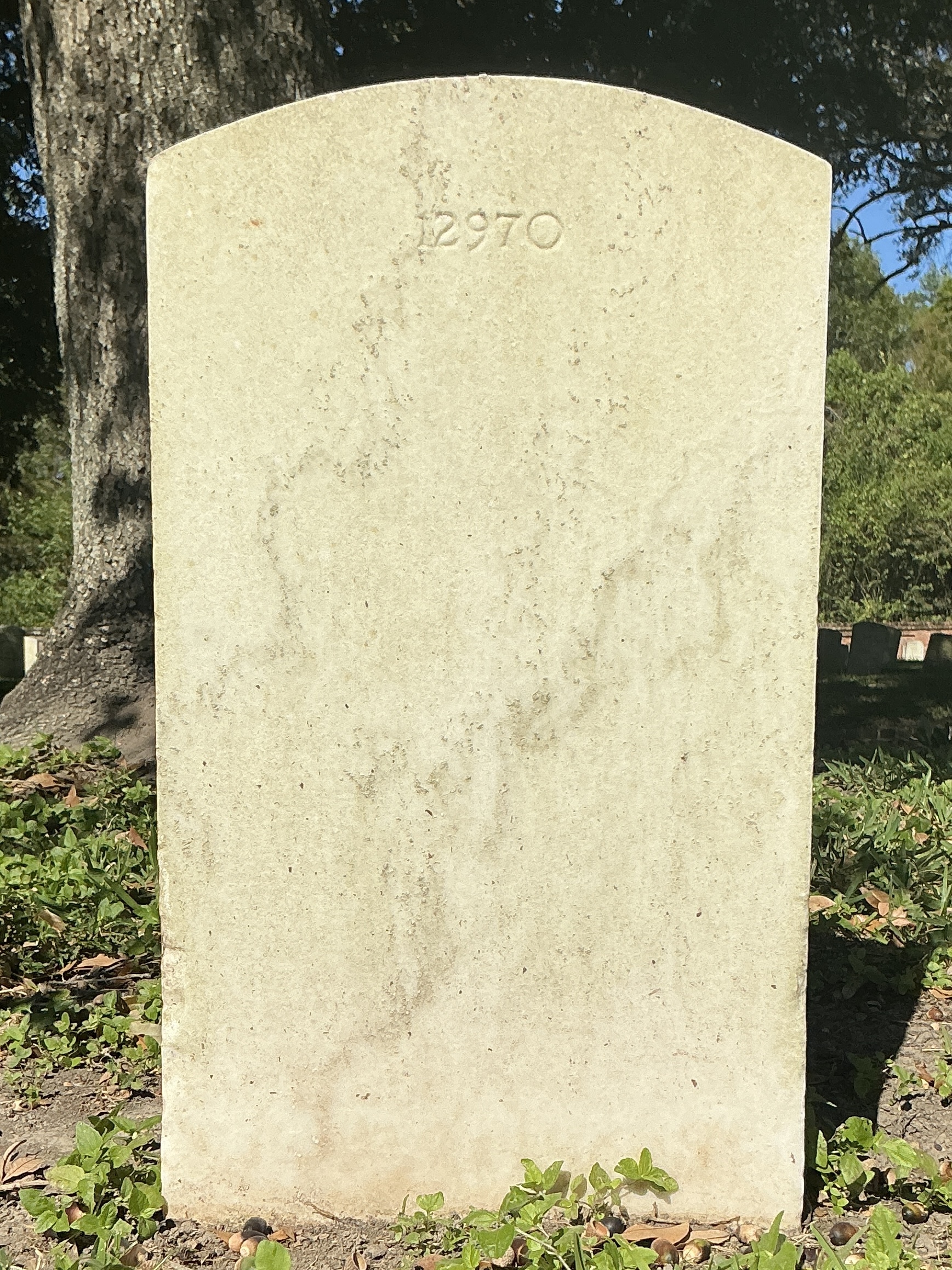 Back of upright marble headstone with flat face.