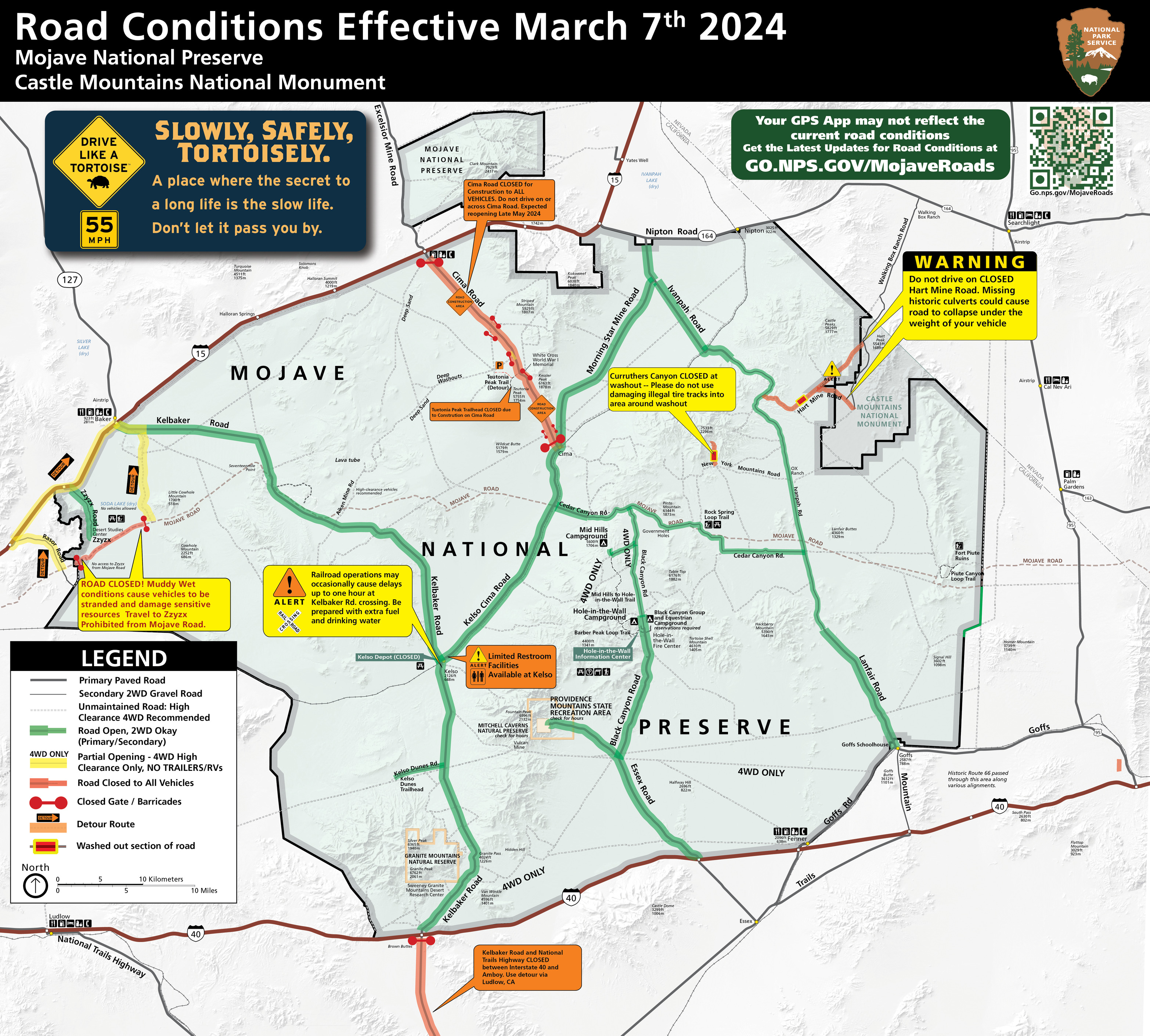 Road conditions map with closed roads color coded red, which includes Cima Road in the north central part of the map, Mojave Road on the Soda Lake Section in the western boundary, and Kelbaker Road outside the preserve to the south of the boundary. 