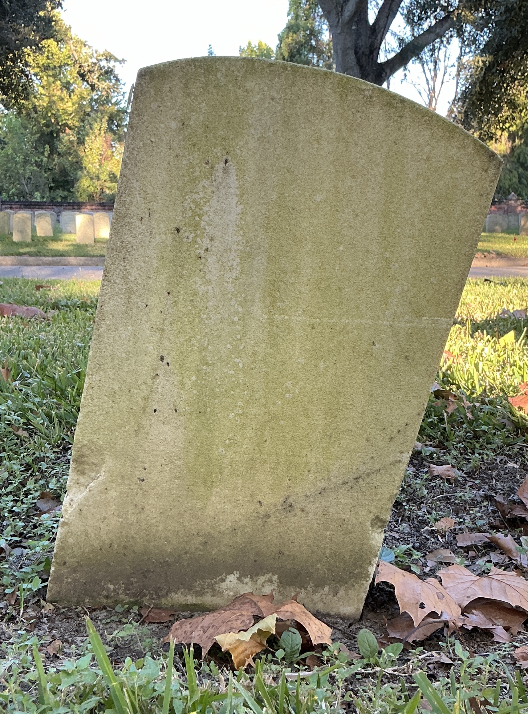 Back of historic upright marble headstone with recessed shield face.