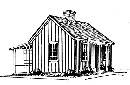 Black and white line drawing of small house from 3/4 angle. The small porch attached to the rear of the house is shown on the left. The front door is to the right side of the image, covered with a small extension of the roof. 