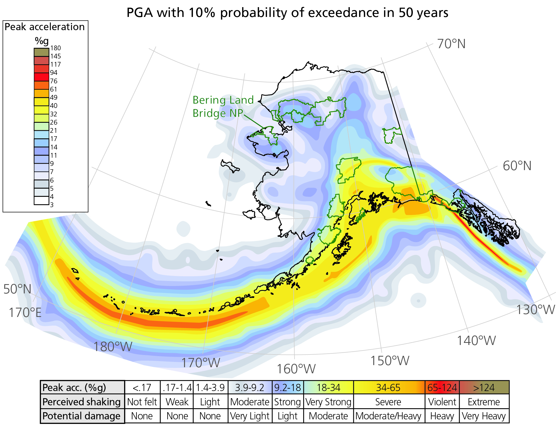 Map showing the probability of earthquakes in Alaska. Highest probability is along the island chain. Bering Land Bridge National Preserve has low to moderate probability. 
