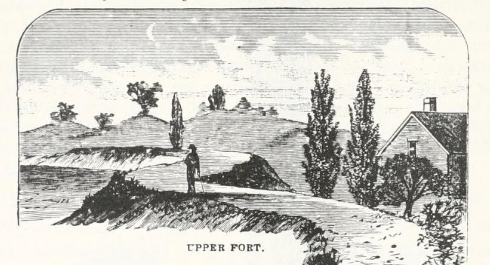 Black and white drawing of landscape and a single soldier standing in the middle. A building is on the right and trees are interspersed throughout. The words "upper fort" are capitalized on the bottom.