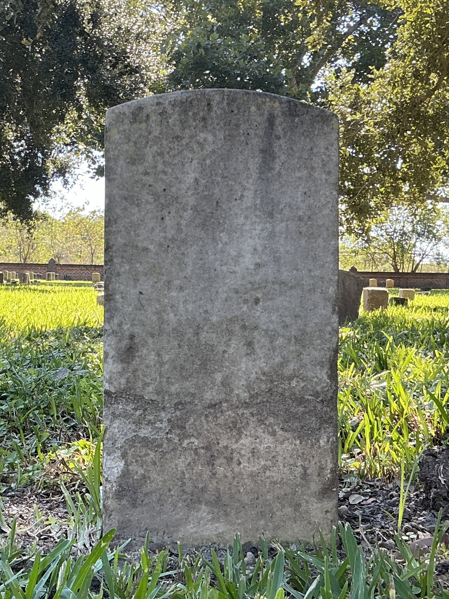 Back of historic upright marble headstone with recessed shield face.