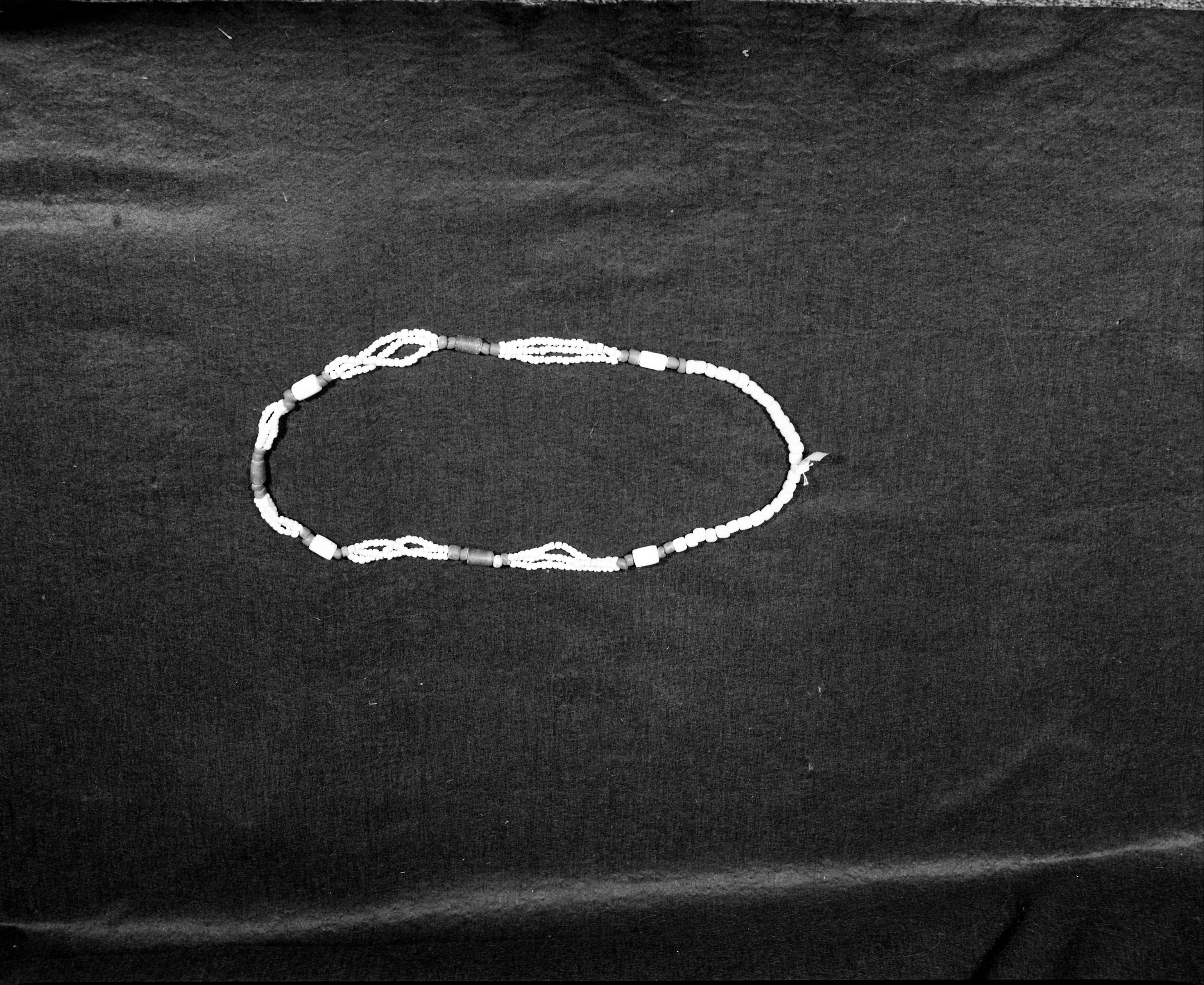 Marie Rozier Collection, Catalog No. 143. Object: Strand of trade beads. Dimensions: 32" strand. Materials: Opaque white glass paste beads, variants of Cornaline d'Aleppo. Collection History: Mid to late 19th Century type, collected from village sites in Tuolumne by Ed and Helen Jasper. Gift of the Jaspers. Photographed by Michael Dixon in December 1982. Catalogued by Craig Bates and Barbara Beroza. Yosemite Collections, National Park Service.