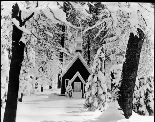 Early Yosemite Chapel after snowfall. copied by Norman G. Messinger from George Fiske photo #9518 in Y.N.P. Collection