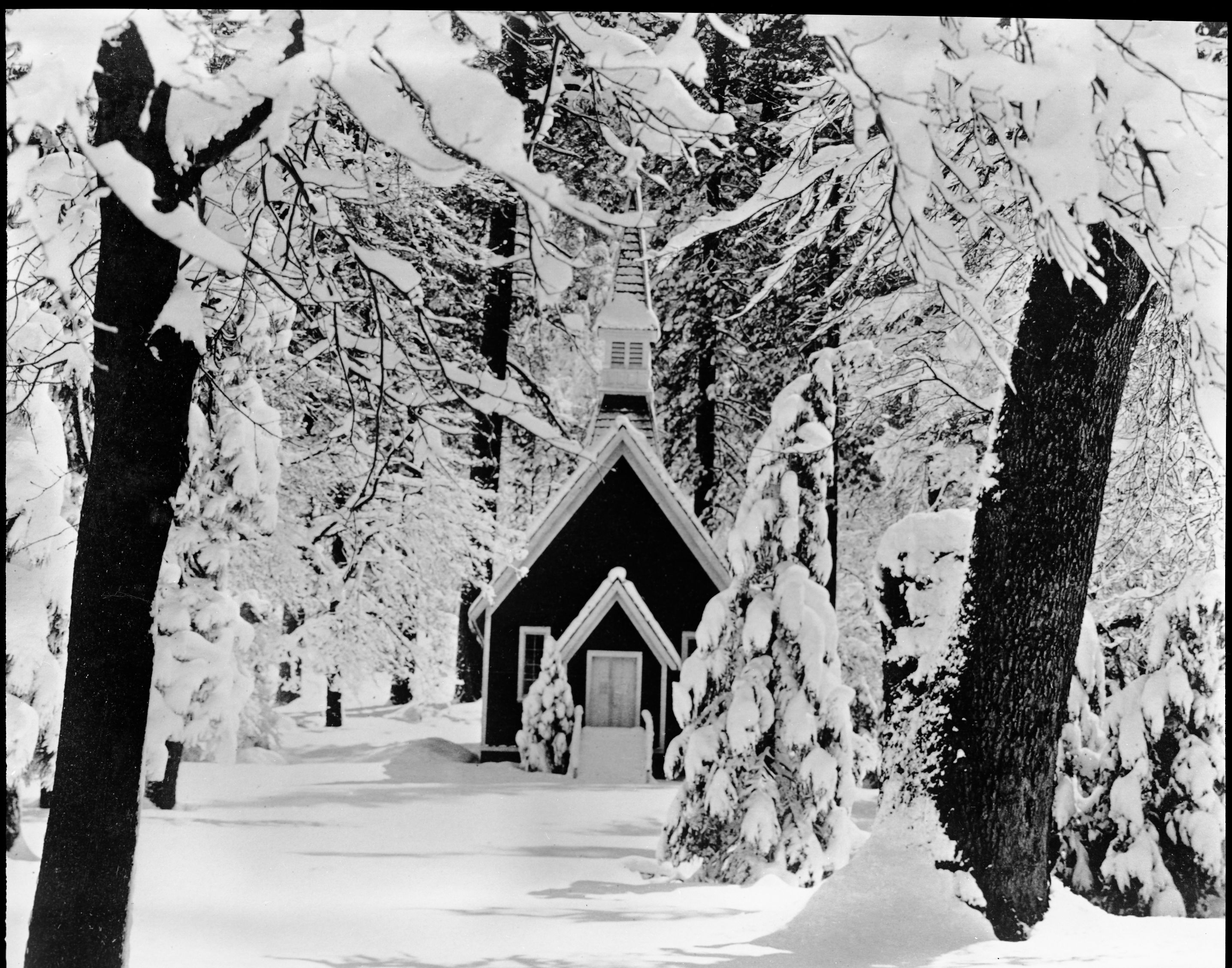 Early Yosemite Chapel after snowfall. copied by Norman G. Messinger from George Fiske photo #9518 in Y.N.P. Collection