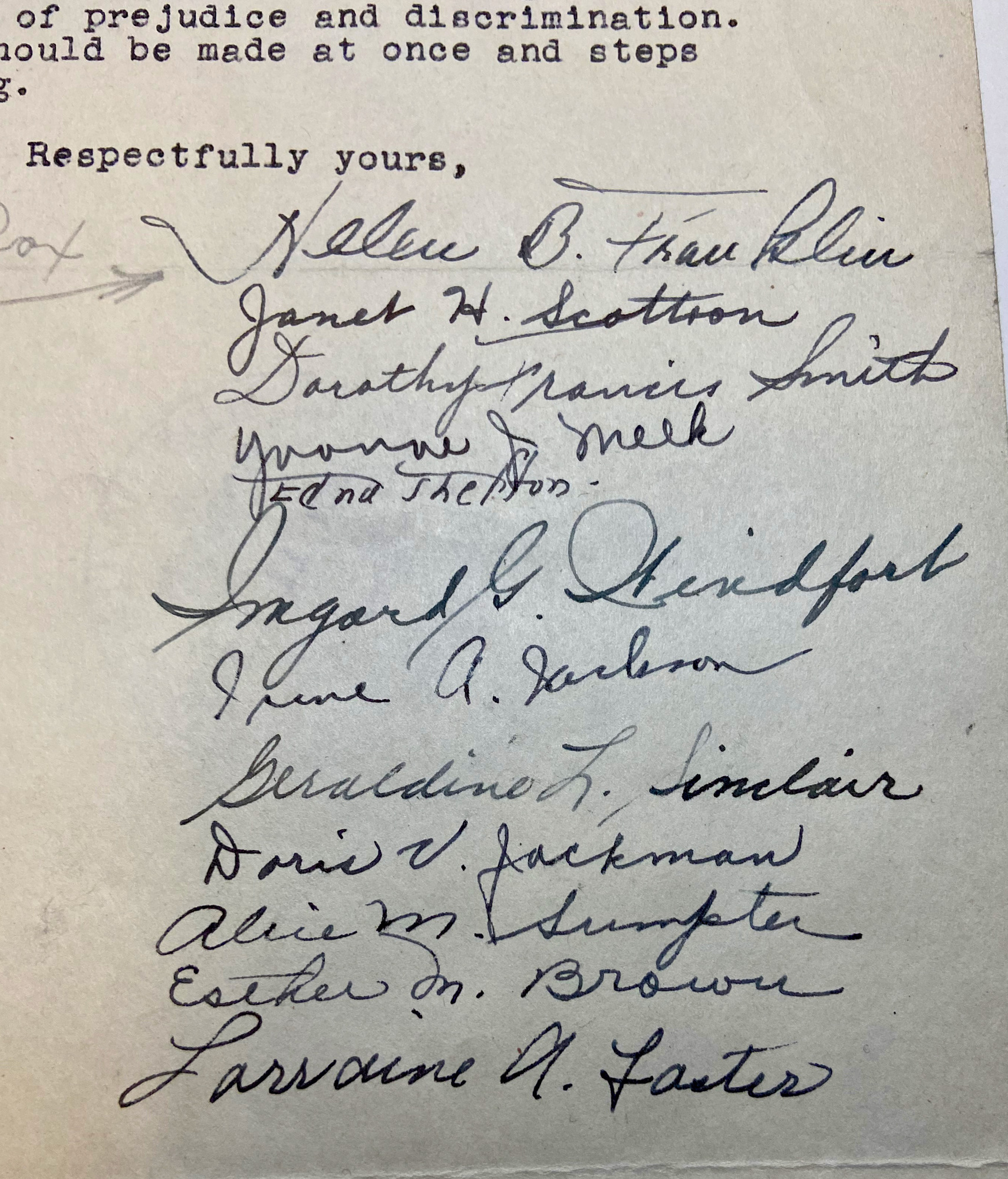 List of Helen Franklin and 11 other women's signatures on a letter regarding discrimination at the Navy Yard.