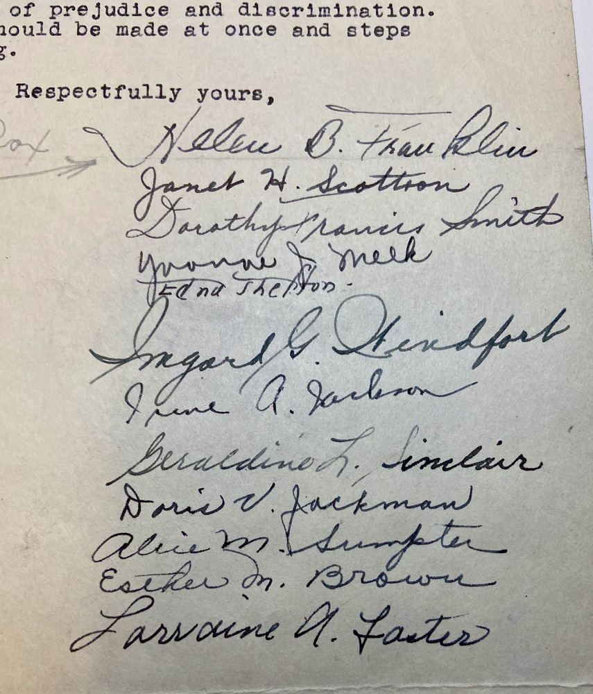 List of Helen Franklin and 11 other women's signatures on a letter. 