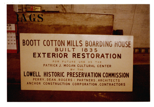 Boardinghouse sign notifying of construction and restoration. 