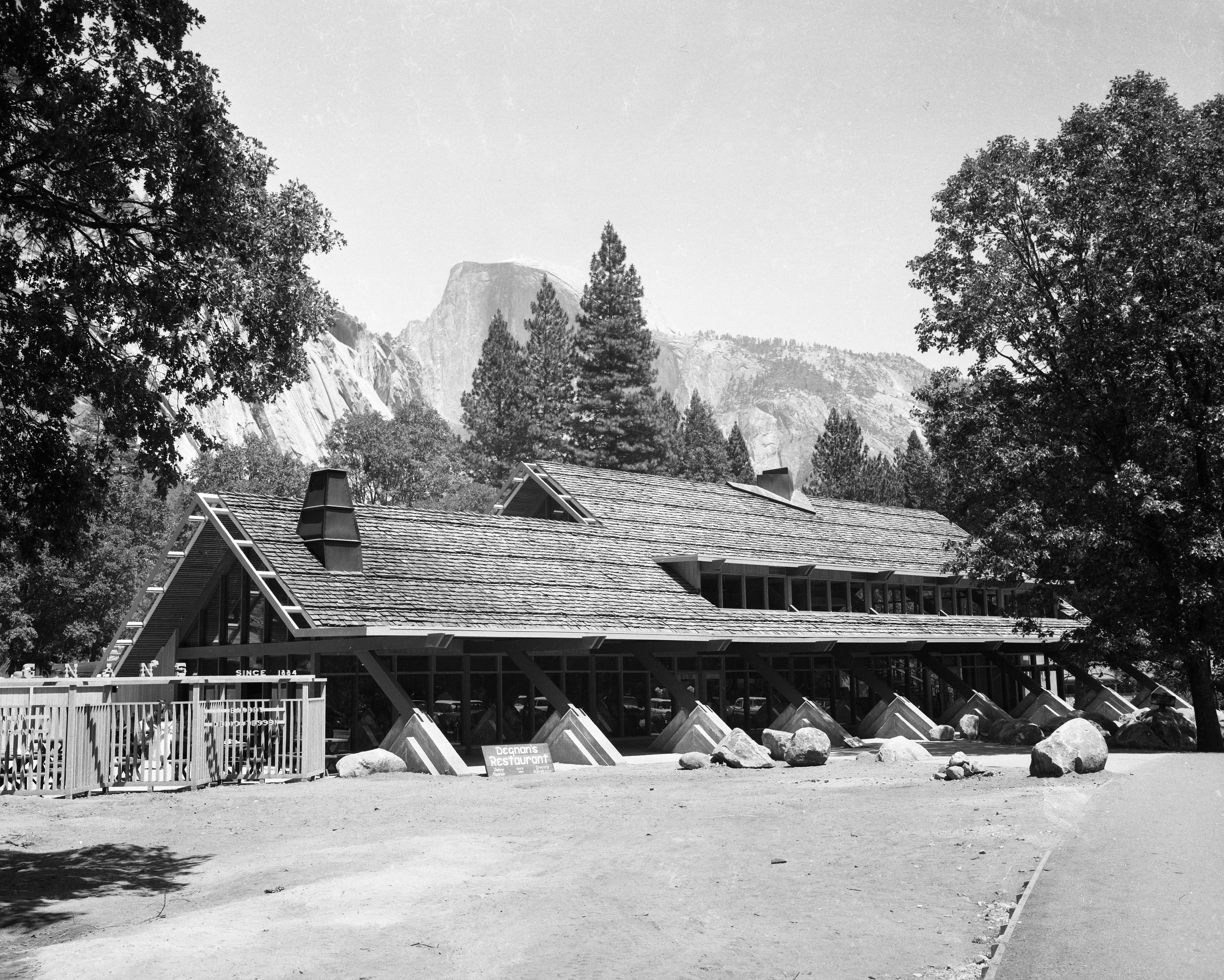 Subject: Two views of the Degnan-Donohoe Store and Restaurant in Yosemite Village (2 negatives). Location: Yosemite Valley. Purpose: For official negative file of Yosemite.