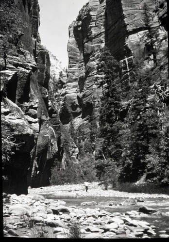 Zion Narrows with hiker in foreground.