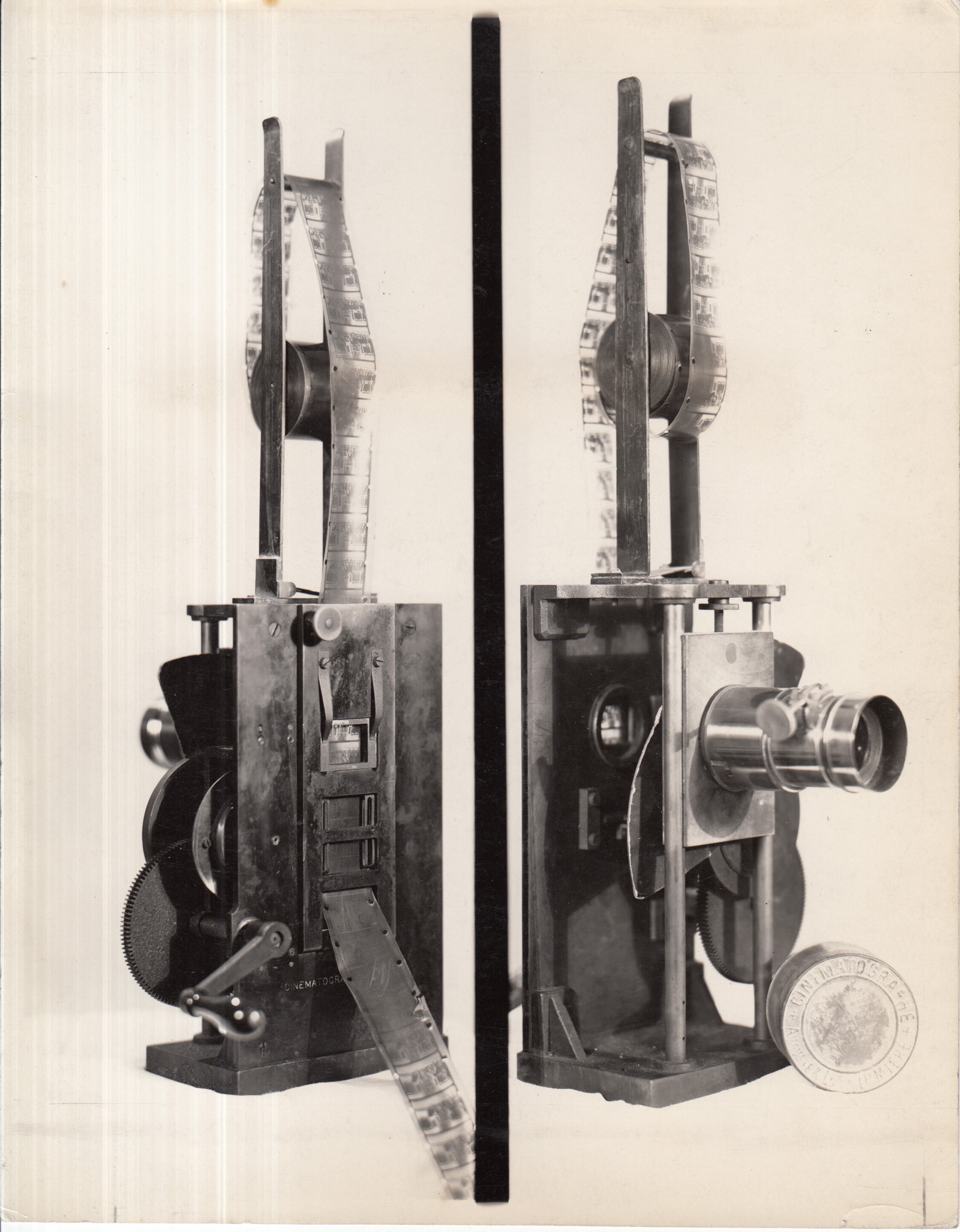 Cinematographe Lumiere motion picture projector, two views, front and rear. By Auguste & Louis Lumiere.