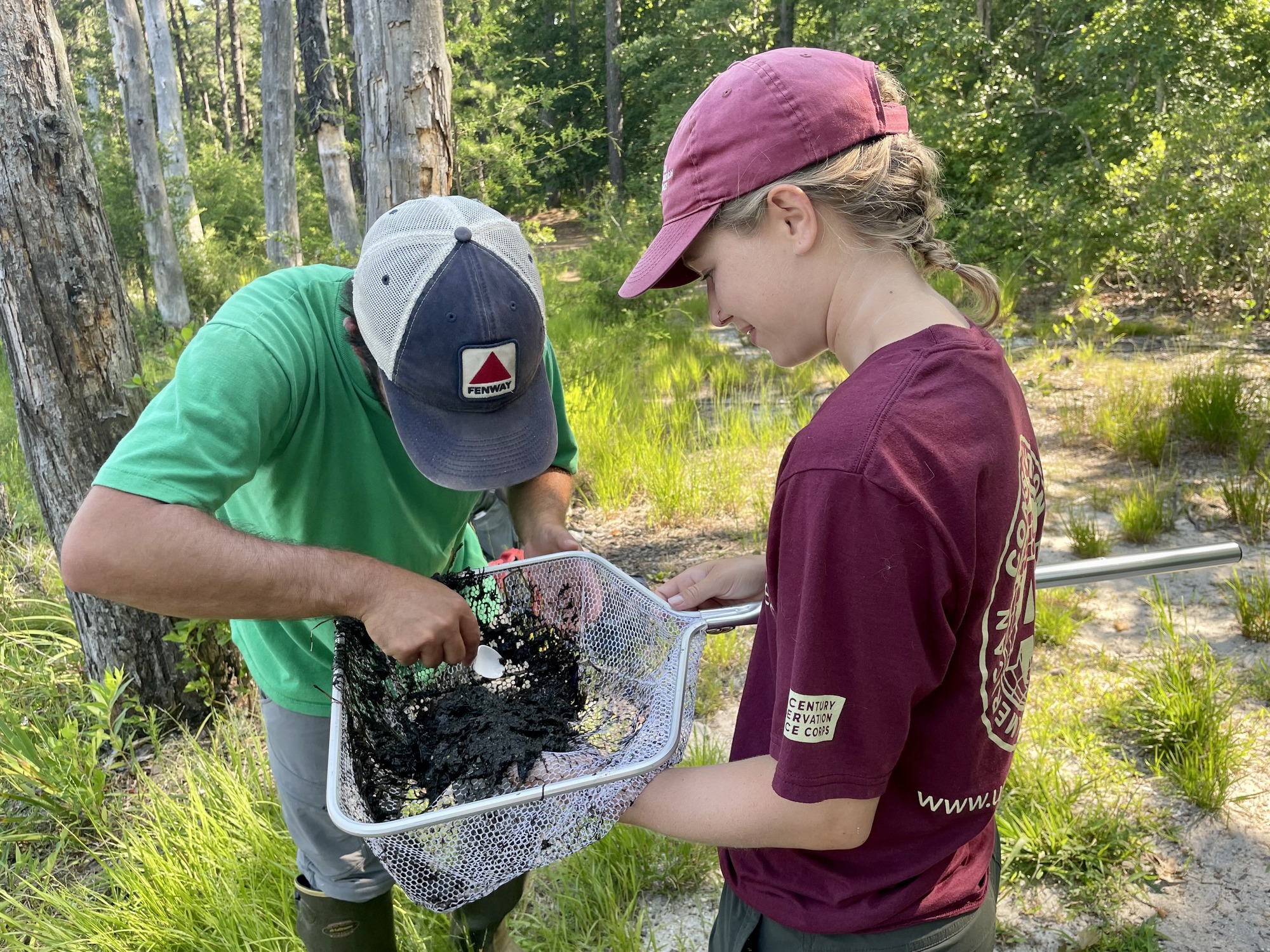 One volunteer holds a net with dirt as another uses a spoon to scoop dragonfly larvae out.