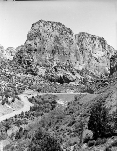 20-mule team and wagon lead by Jean DeHaven traveling on Taylor Creek Road. Group en route from Death Valley to Wessington, South Dakota. Trip taken in commemoration of the National Park Service's 50th Anniversary.