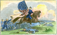 An illustration with a soldier on a horse holding an American flag. A troop of men follow behind the horse as it leaps over two bodies lying on the ground. 
