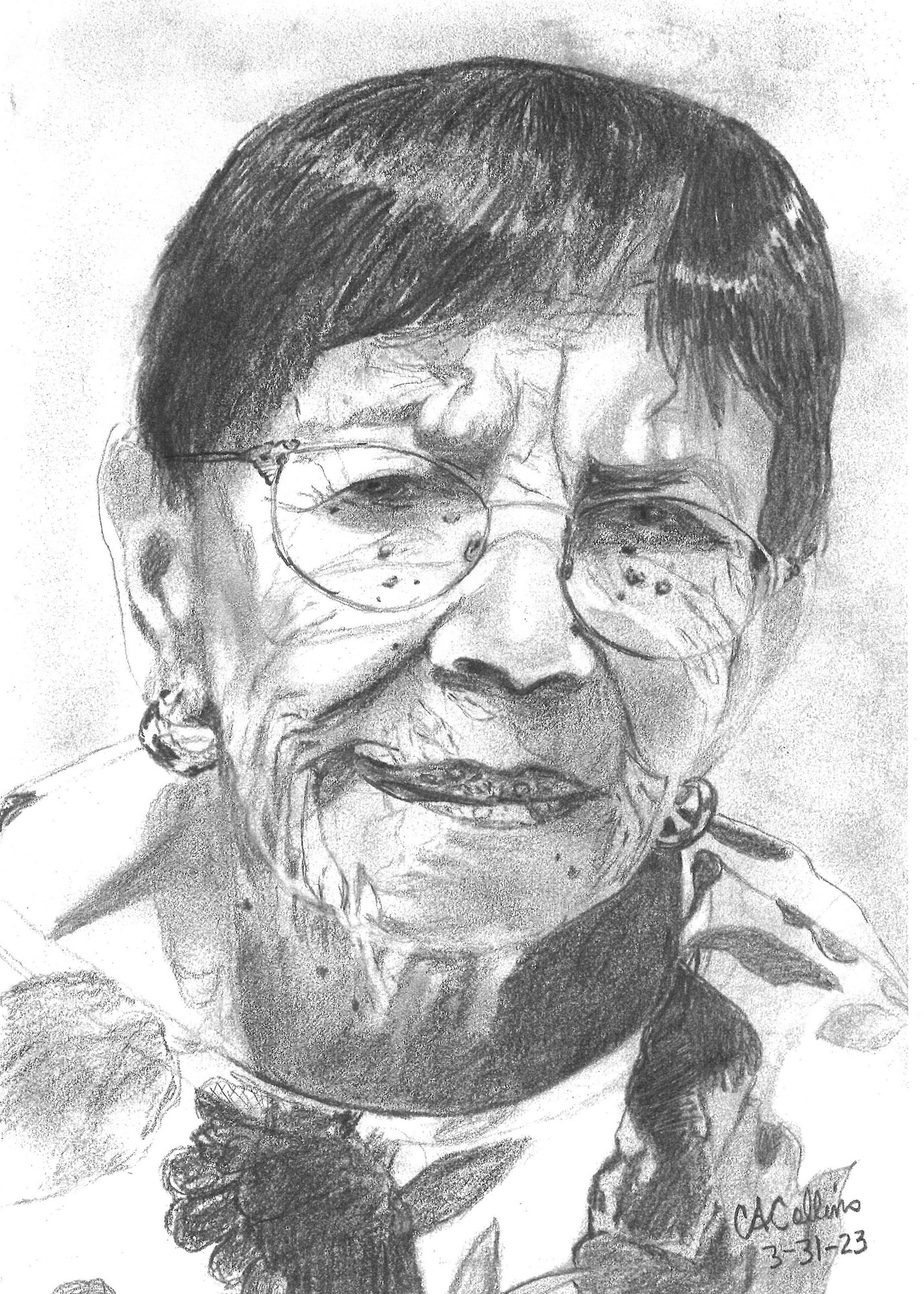 Black and white pencil drawn portrait of a Muscogee Woman.