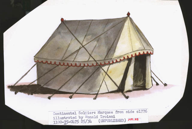 Marquee, an open-sided tent, from the side, circa 1776. Illustration is unpublished.