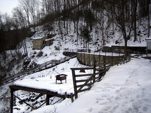 old mining ruins covered in snow
