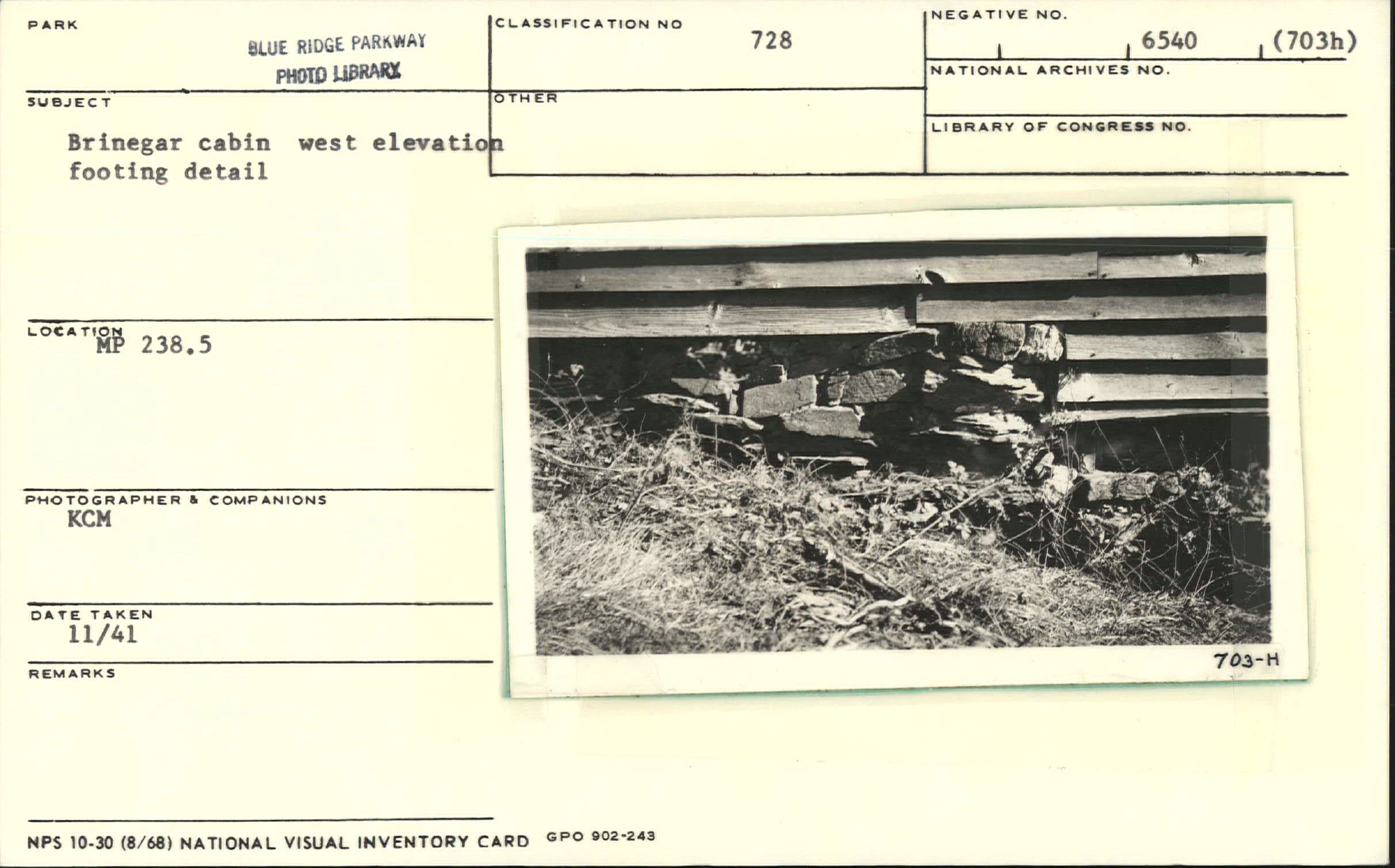 Brinegar Cabin, west elevation showing footing detail